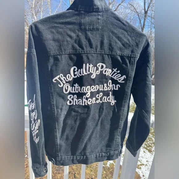 Graphic Black Denim Jacket Punk Streetwear moto Jean Jacket Angel Patch - Picture 15 of 16